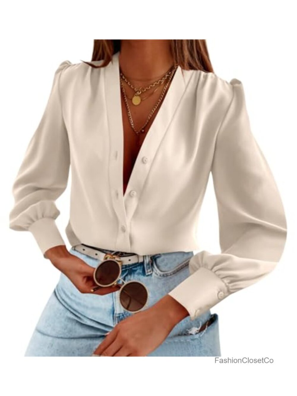 Womens Long Sleeve V Neck Button Down Blouse | Business Casual Office Top